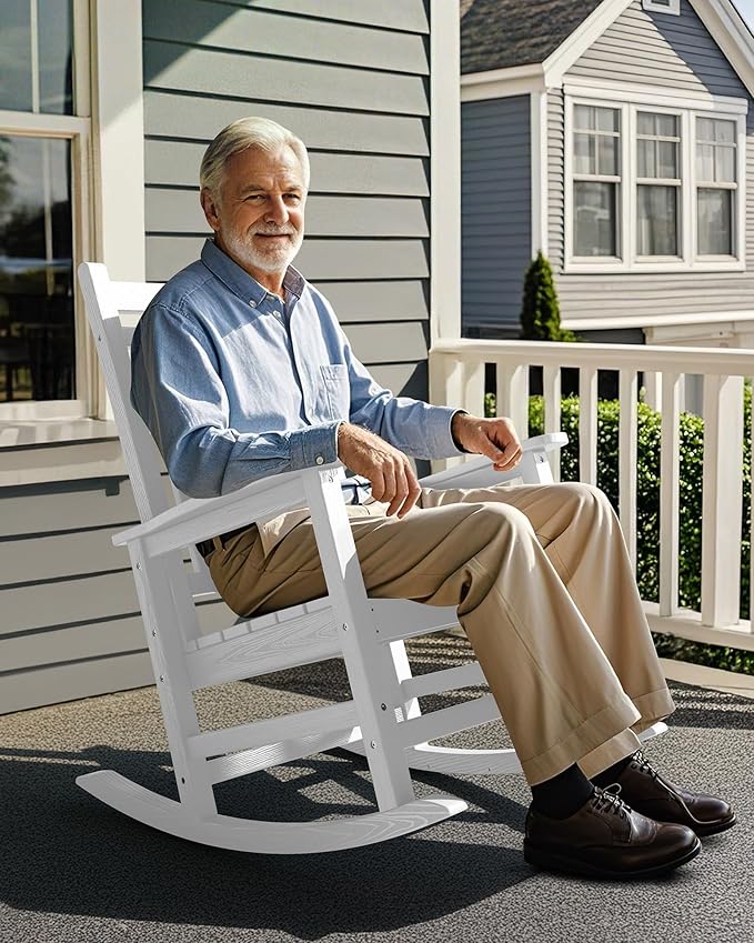 SERWALL Outdoor Rocking Chair, HDPE Rocking Chair for Adults, All Weather Porch Oversized Rockers for Lawn Garden, White