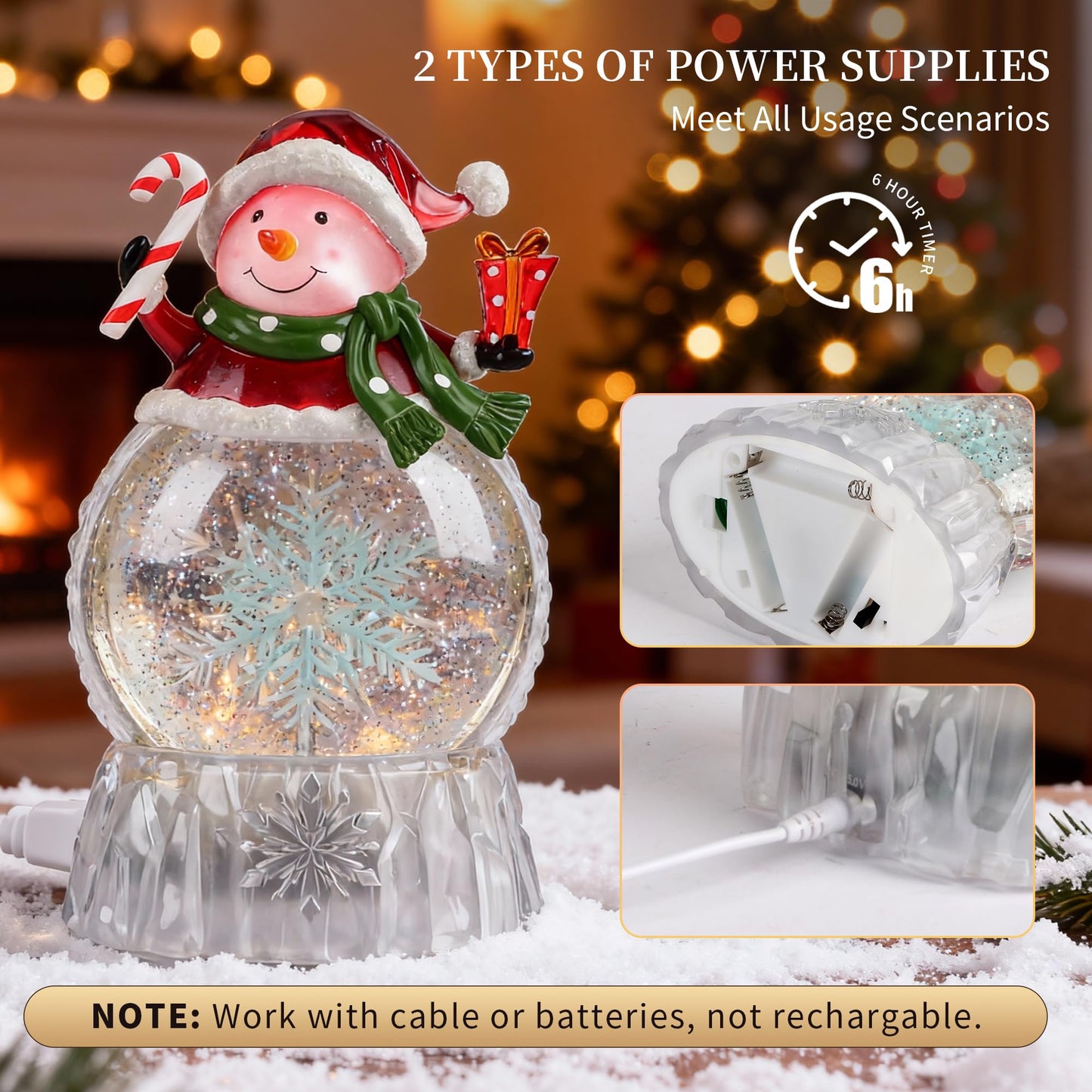 9" Lighted Christmas Snow Globe Lantern, Snowman Water Globe with Swirling Glitter, 8 Christmas Songs, USB/Battery Powered, 6H Timer, LED Holiday Tabletop Decor