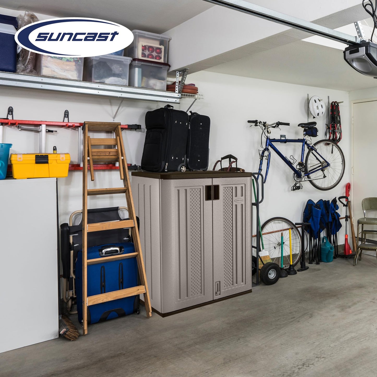 Suncast Base Storage Cabinet for Garage Organization, 9 Cu. Ft. Capacity, Platinum Metallic & Slate - Lockable Multi-Wall 2-Shelf Resin Organizer for Garden Supplies, Paint Cans & Outdoor Tools