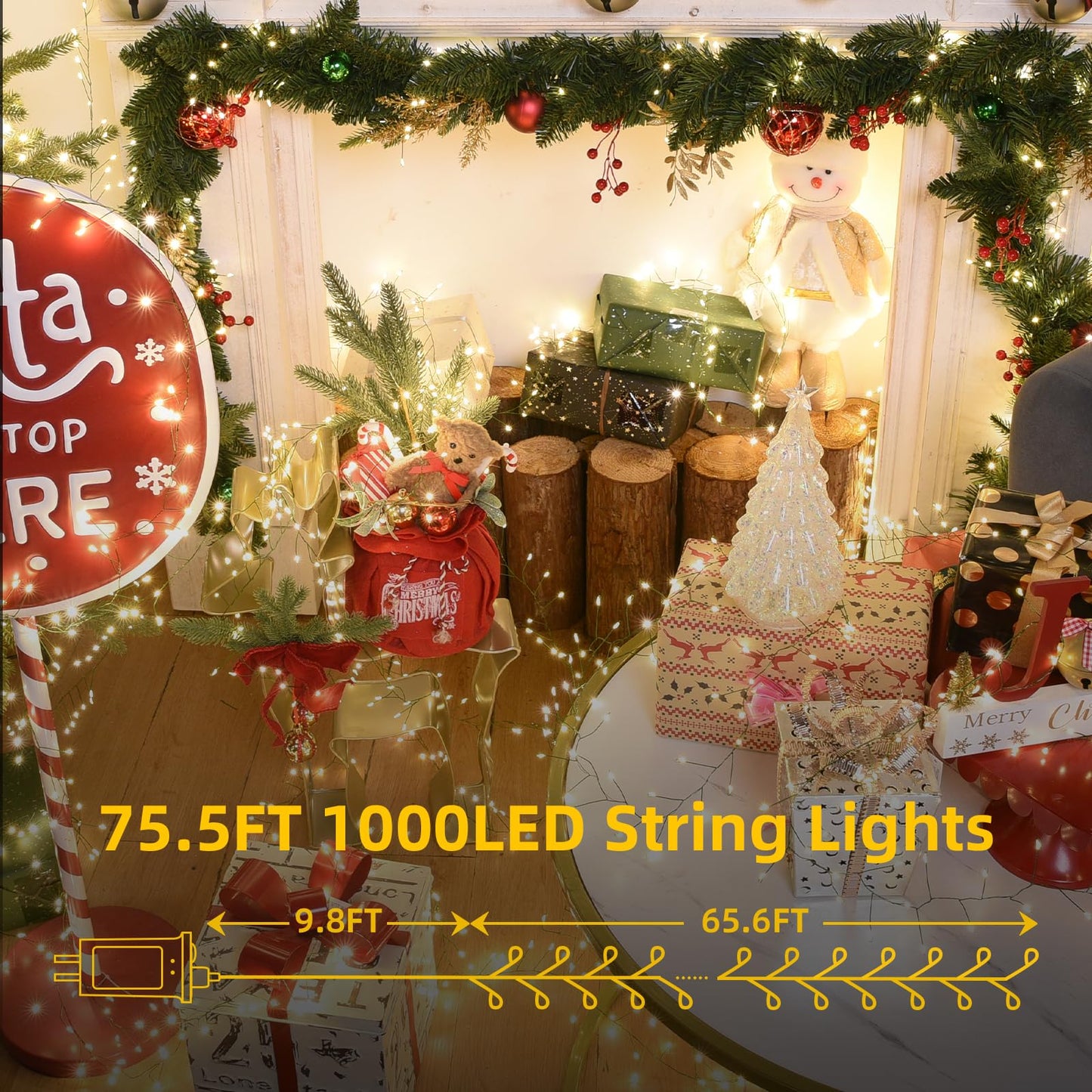 Lycklig Fairy Lights Plug in 65Ft 1000LED Warm Christmas Garland Lights with Timer Remote Waterproof Firecracker Twinkle Cluster String Light for Bedroom Wreath Party Wreath Tree Decor Green Wire