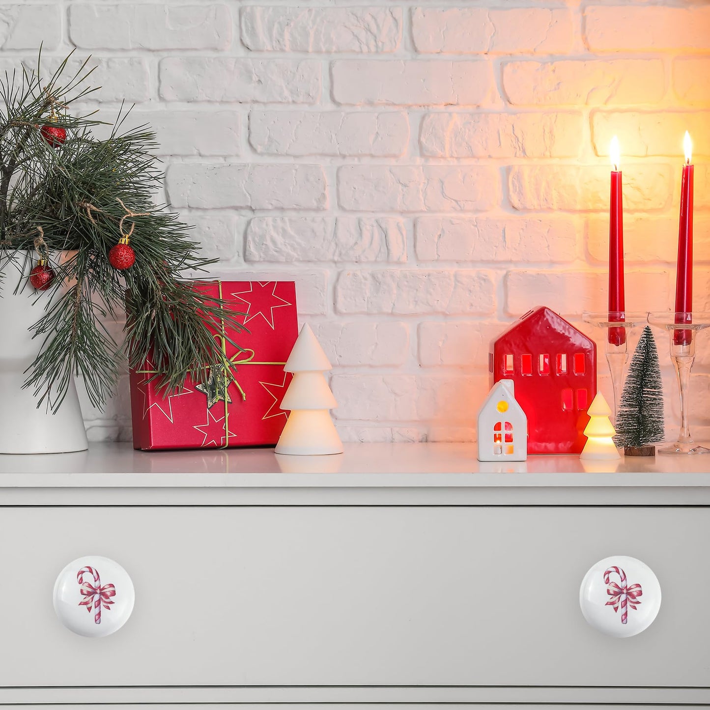 Lasyman 8Pack 1.5" Ceramic Christmas Holiday Peppermint Candies Cabinet Door Candy Cane Knob Covers Decorative Drawer Knobs