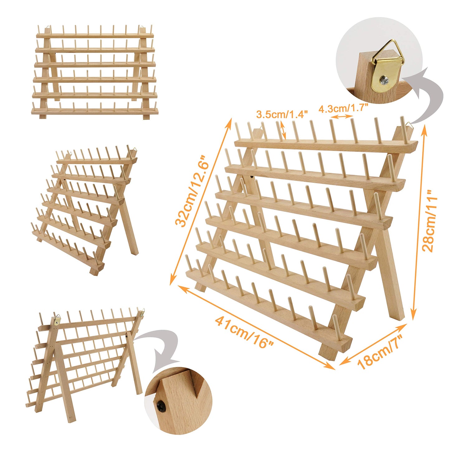 New brothread 2x60 Spools Wooden Thread Rack/Thread Holder Organizer with Hanging Hooks for Sewing, Quilting, Embroidery, Hair-braiding