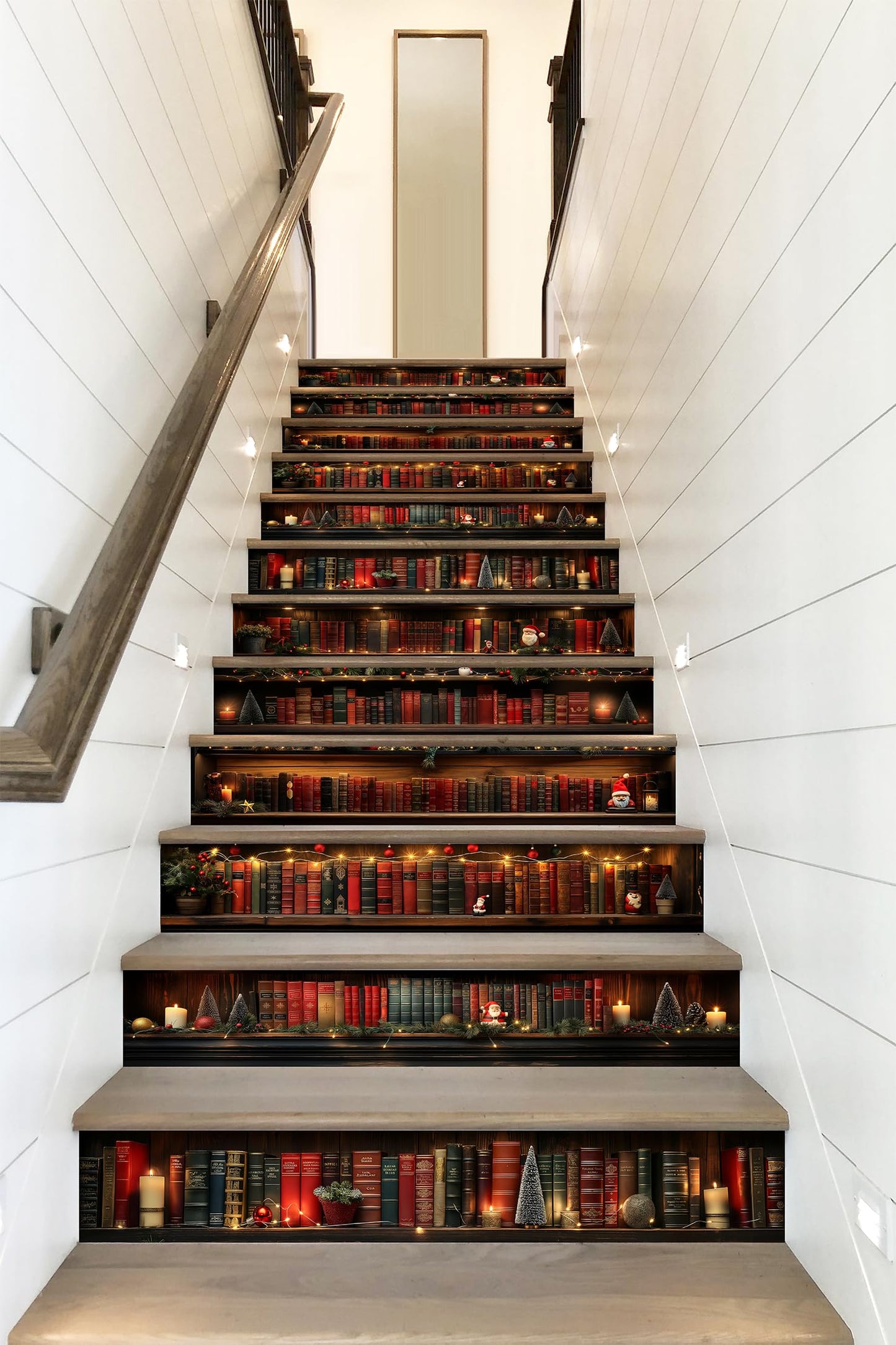AMAZING WALL Holiday Stair Riser Decals, Bookshelf with Warm Lights, Peel and Stick, Removable, Set of 12, Seasonal Home Decor