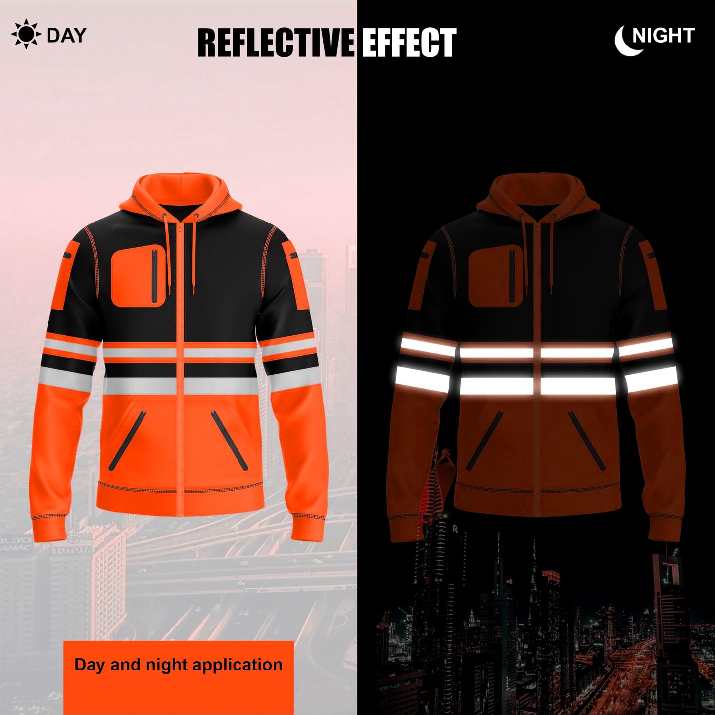 trending babz Mens Hi Vis Pullover Hoodie Reflective Tape Safety Work Drawstring Multi Zipped Pockets High Viz High Visibility Hoodie Sweatshirt