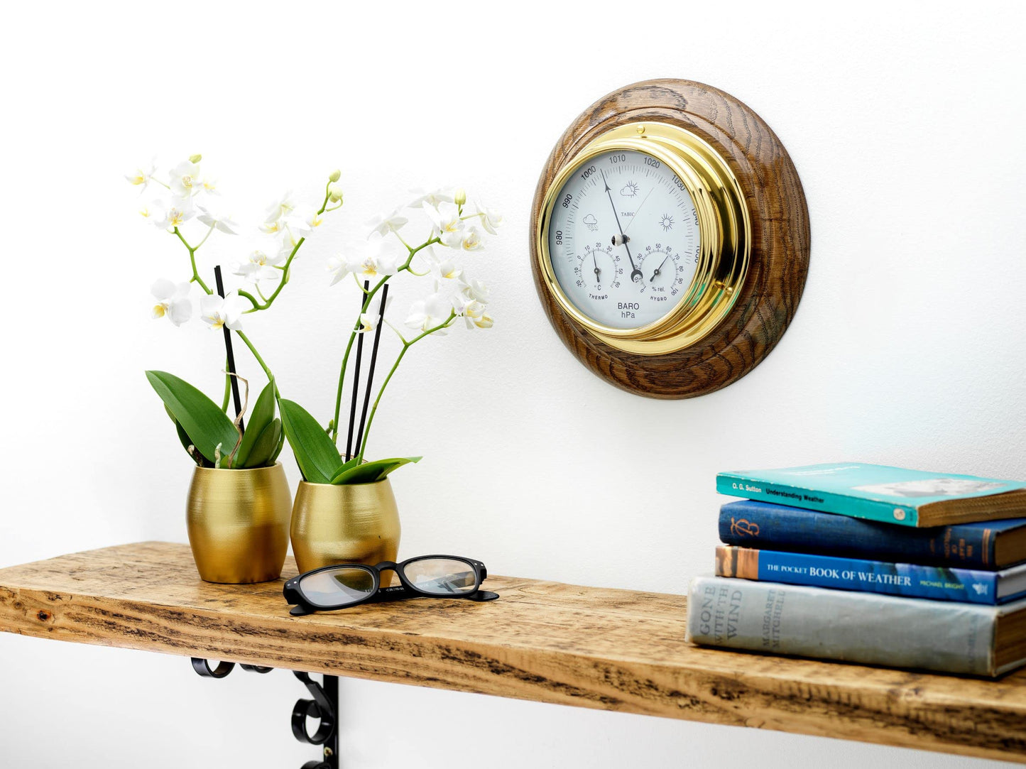 Tabic Brass Barometer with Built in Hygrometer and Thermometer Mounted on an English Oak Mount, Heavy Lacquered Brass (1/2kg), Sailing Ship Yacht Boating Clock, Handmade in England