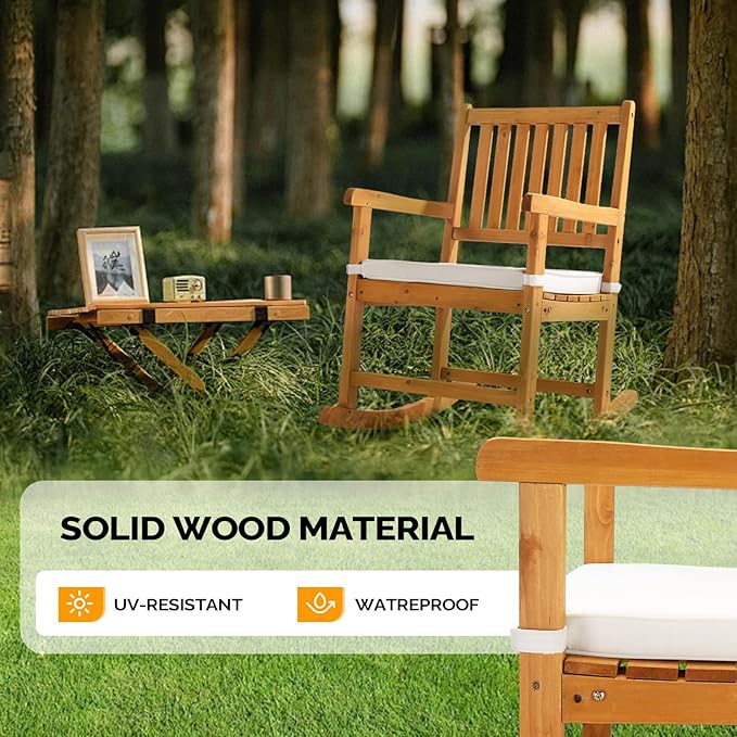 VINGLI Outdoor Rocking Chair, Weatherproof Rocker with Cushion, Wooden Rocking Bench Support 550 LBS for Patio, Yard, Garden, Outdoor or Indoors, Teak
