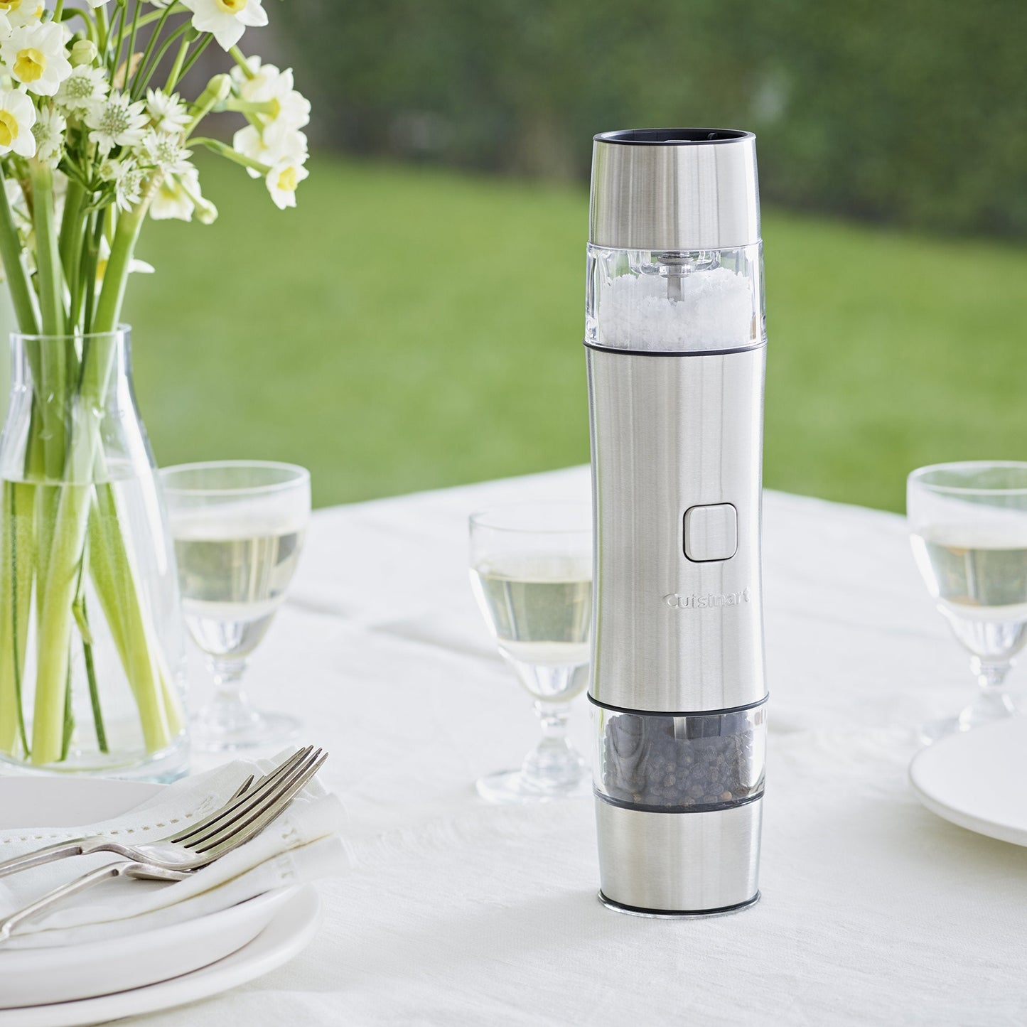 Cuisinart Electric Salt and Pepper Grinder Set Rechargeable Seasoning Mill No Batteries Needed, 20 Min Charging Measuring Cap Adjustable Grind Settings 3 Year Guarantee Silver