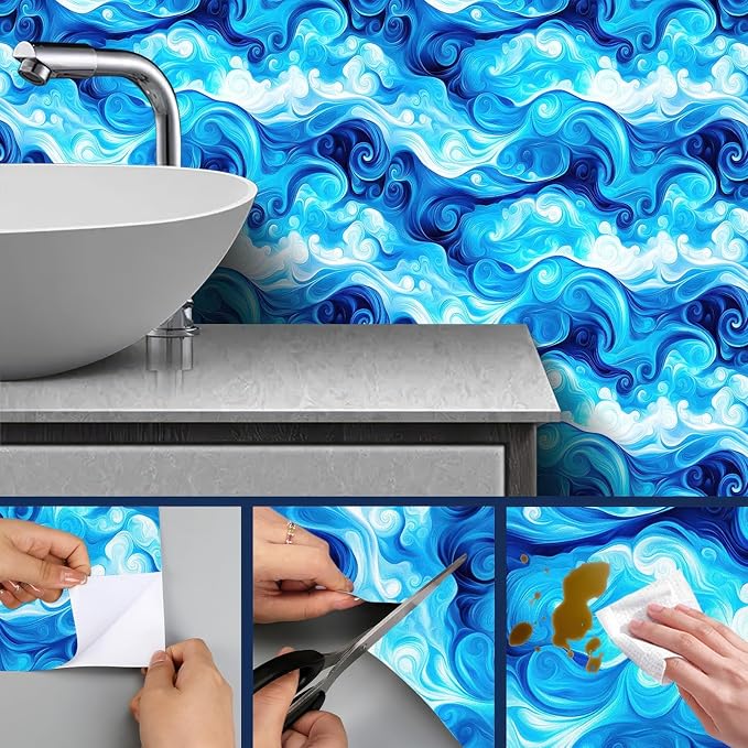 HOMETITUTE Artistic Blue Swirl Wave Pattern Wallpaper Peel and Stick Contact