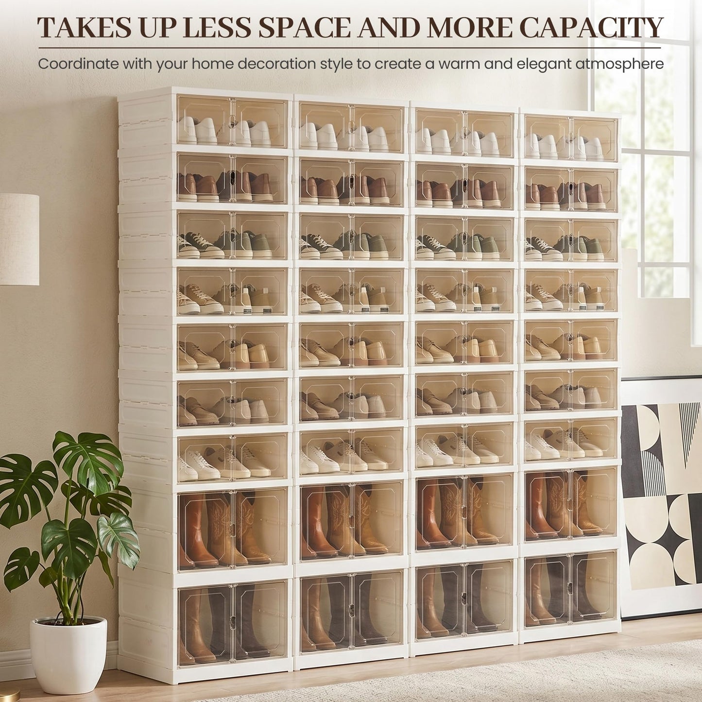 Tykacna Foldable Shoe Rack Organizer with Magnetic Clear Doors, 9 Tier Collapsible Shoe Storage Cabinet, Large Plastic Portable Shoe Box with Wheels for Closet, Entryway, Bedroom, Fits 18 Pairs