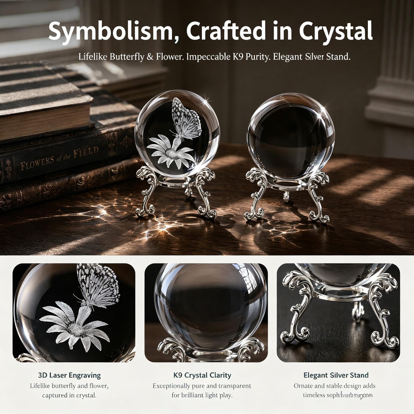 vskikris 3D Laser Engraved Crystal Ball Set, 60mm K9 Clear Crystal Sphere with Butterfly & Flower Design + Blank Ball, with Gold Stand, for Home Decor, Feng Shui, Unique Gift for Women