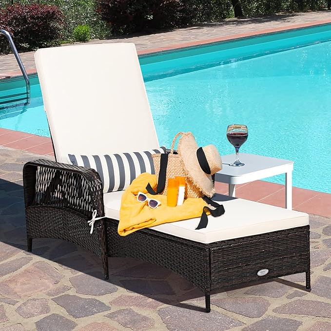 COSTWAY PE Rattan Chaise Lounge Chair, 6 Gear Adjustable Recliner