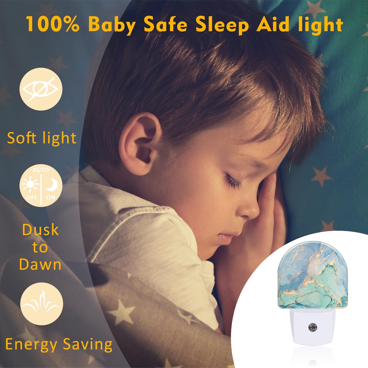 sndheke Teal Blue Marble Night Light Plug into Wall, Gold Luxury Marble Dusk to Dawn Night Light,0.5w Energy Saving Sleep Friendly Nightlights for Kids Boys Girls Home Decor