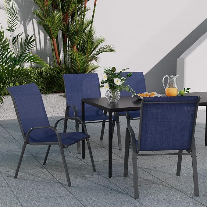 Patio Dining Chairs Set of 6, Outdoor High Stacking Chairs，Breathable Seat Fabric and Alloy Steel Frame for Backyard, Porch, Garden, Sunroom (Blue)