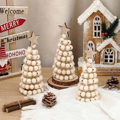 Thyle 3 Pcs Christmas Tree Decor 3 Sizes 6/8/10 Inch Small Boho Artificial Christmas Tree Tabletop Decor for Home Shelf Mantel Fireplace Table Party Supplies(Bead Style,Wood)