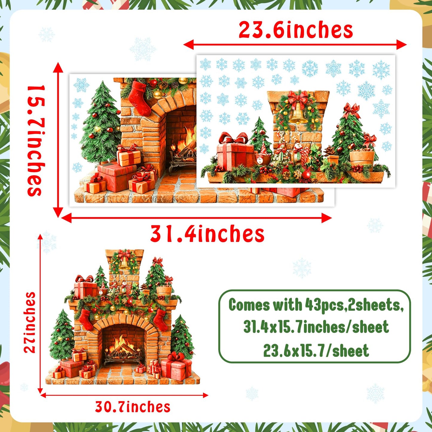 Large Fireplace Wall Stickers Removable Christmas Wall Decals Peel and Stick Fireplace Mural Sticker Winter Tree Snowflake Holiday Decorations for Walls Xmas Fire Flame Decal Party Decor