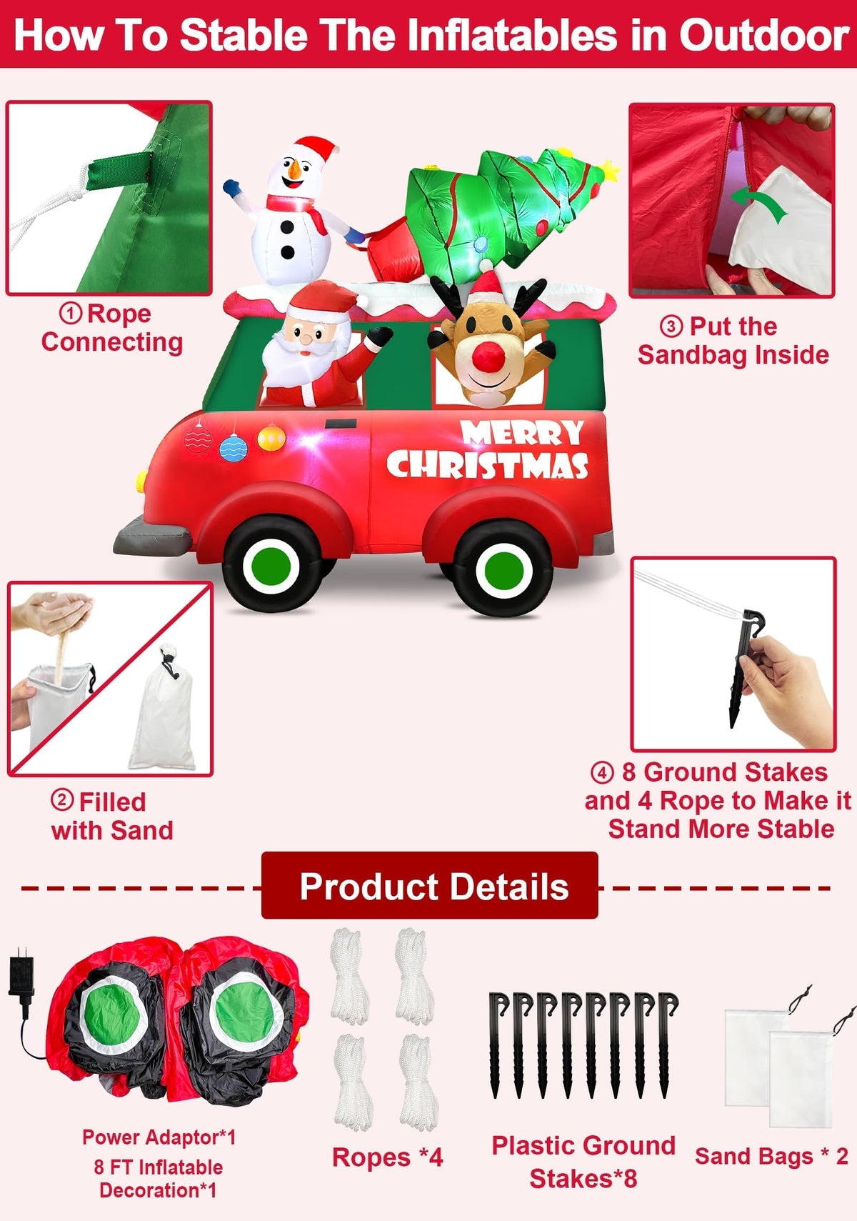 8 Ft Ht x 8 Ft L Giant Christmas Inflatables Outdoor Decorations, LED Lighted Santa Claus Inflatables Truck with Snowman and Reindeer, Christmas Tree Blow Up Yard for Holiday Outdoor Garden Lawn Decor