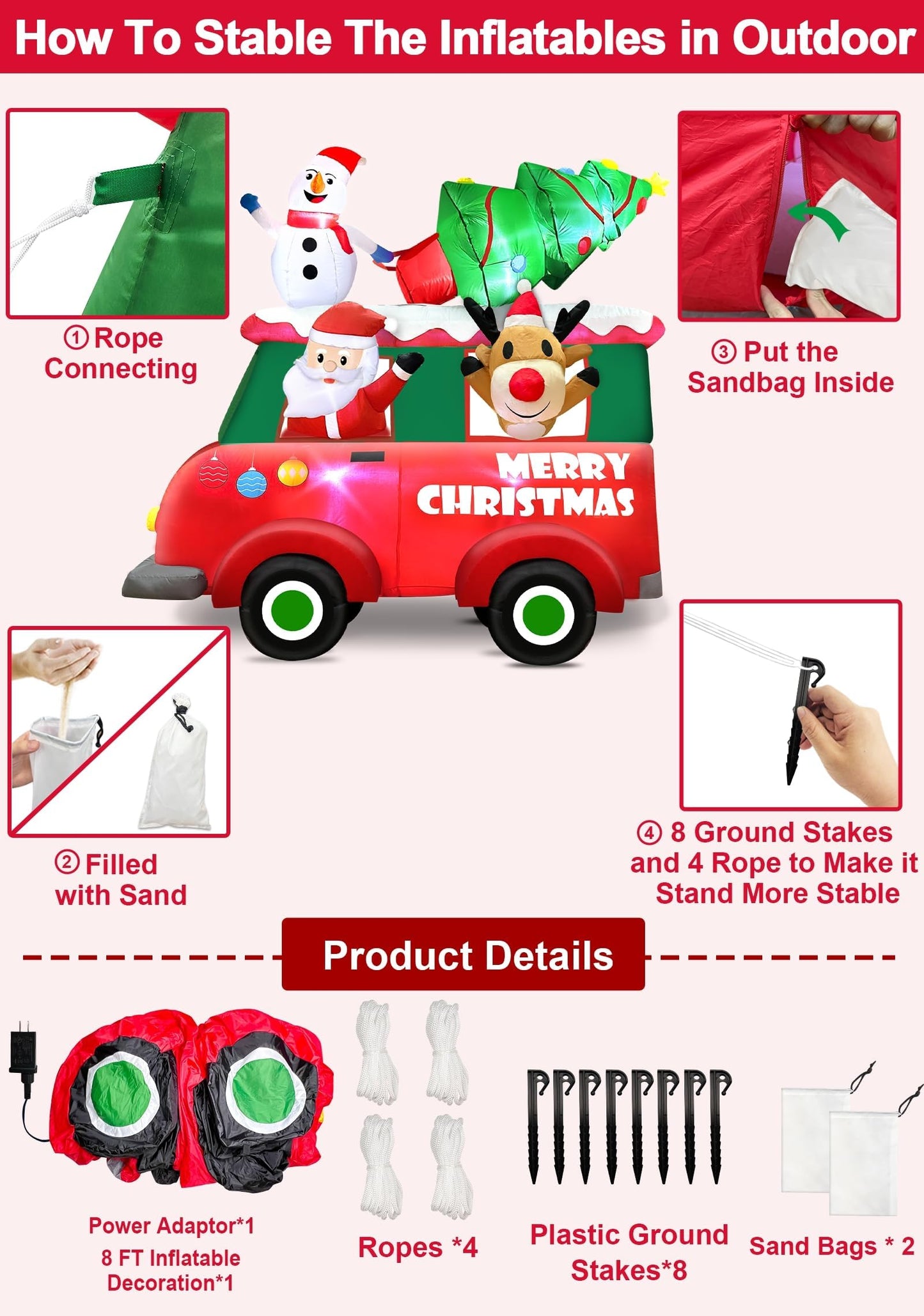 8 Ft Ht x 8 Ft L Giant Christmas Inflatables Outdoor Decorations, LED Lighted Santa Claus Inflatables Truck with Snowman and Reindeer, Christmas Tree Blow Up Yard for Holiday Outdoor Garden Lawn Decor