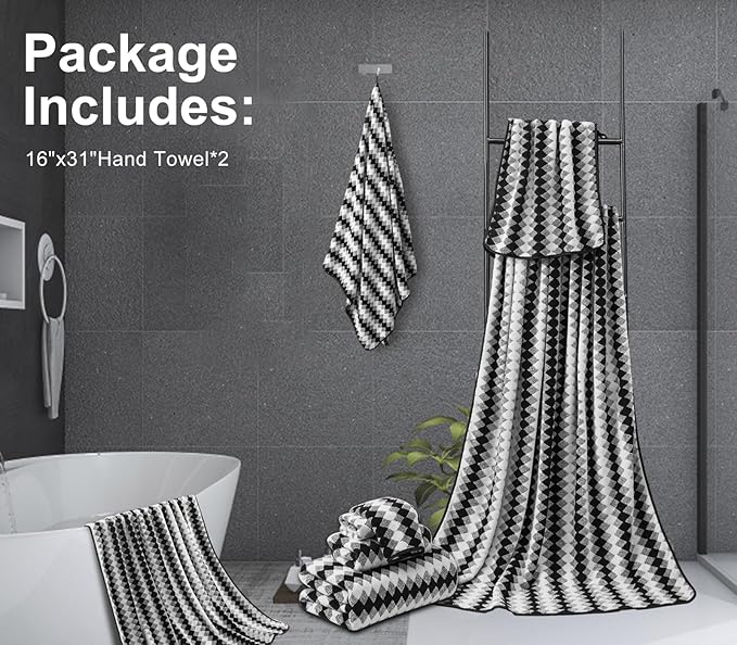 2 Hand Towel Set 16"x31" Black White Towel Set