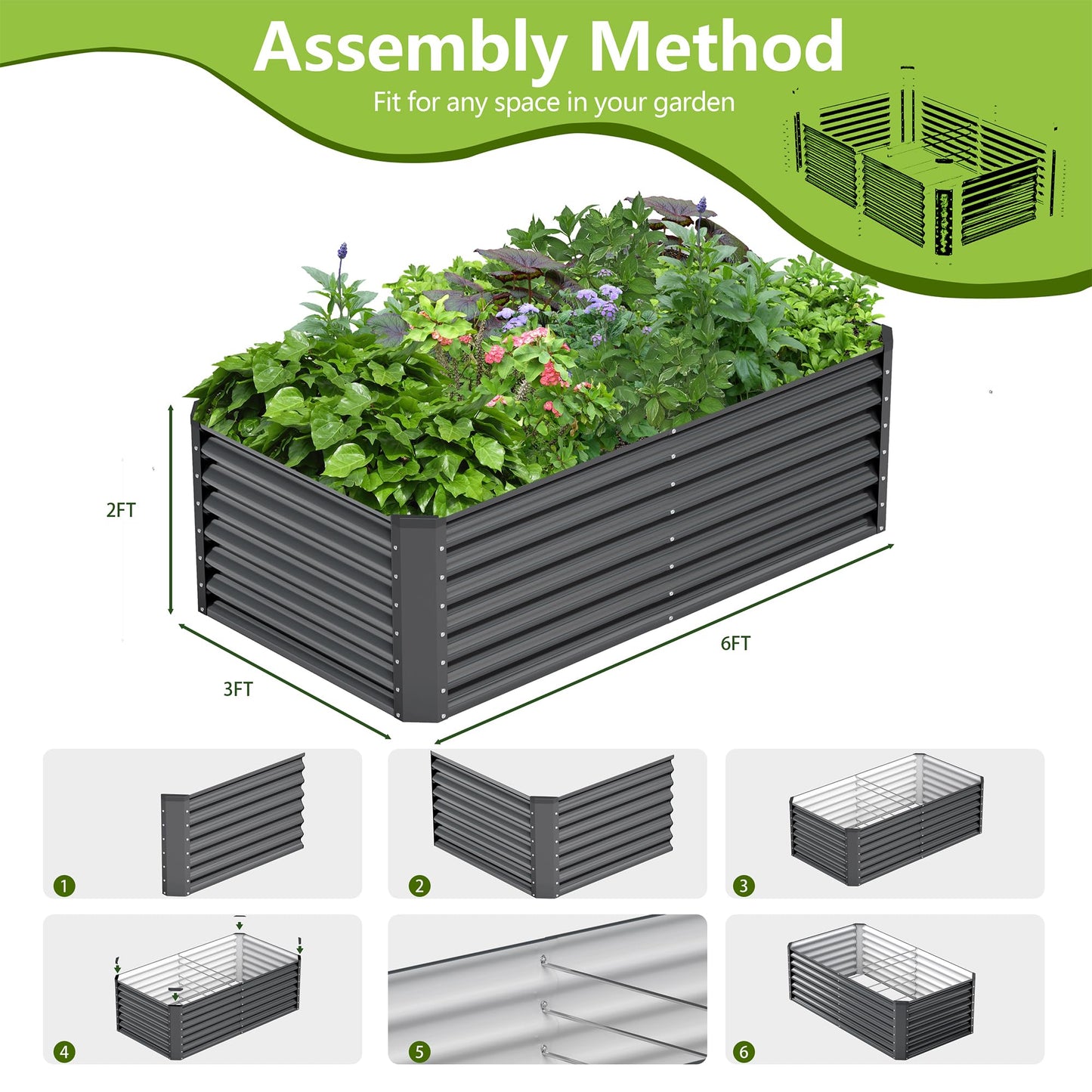 Ayen Guard 6x3x2FT Galvanized Raised Garden Bed,Galvanized Planter Boxes Outdoor, Large Metal Raised Garden Beds for Vegetables-Grey