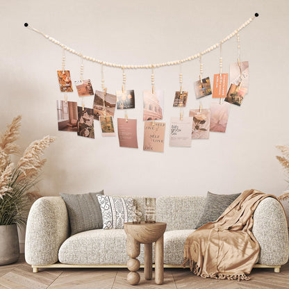 WIVKFML Hanging Photo Display with 18 Wood Clips, Boho Wooden Bead Wall Décor for Bedroom, Living Room, Dorm, Kids Art Picture Display