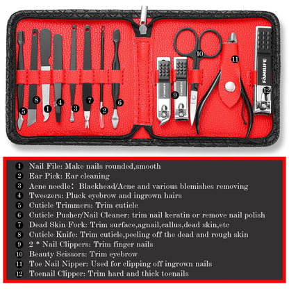 FAMILIFE Manicure Set, Nail Professional Kit Manicure Kits Nail Clipper Sets, 13PCS Stainless Steel Pedicure Sets Mens Grooming Tool, with Brown Leather Travel Case for Men