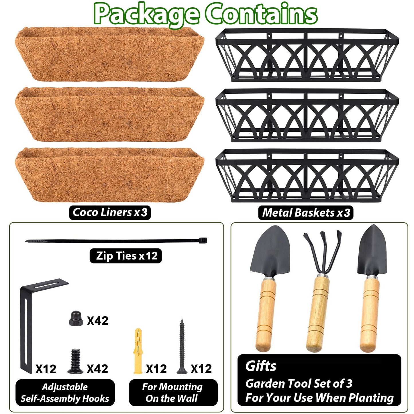 LCHUANG Deck Railing Planter Window Box - 3 Pack 24 Inch Deck Balcony Rail Planter with Coconut Coir Liner, Fence Metal Hanging Flower Planter Basket Deck Railing Planter Boxes for Outdoor Lawn