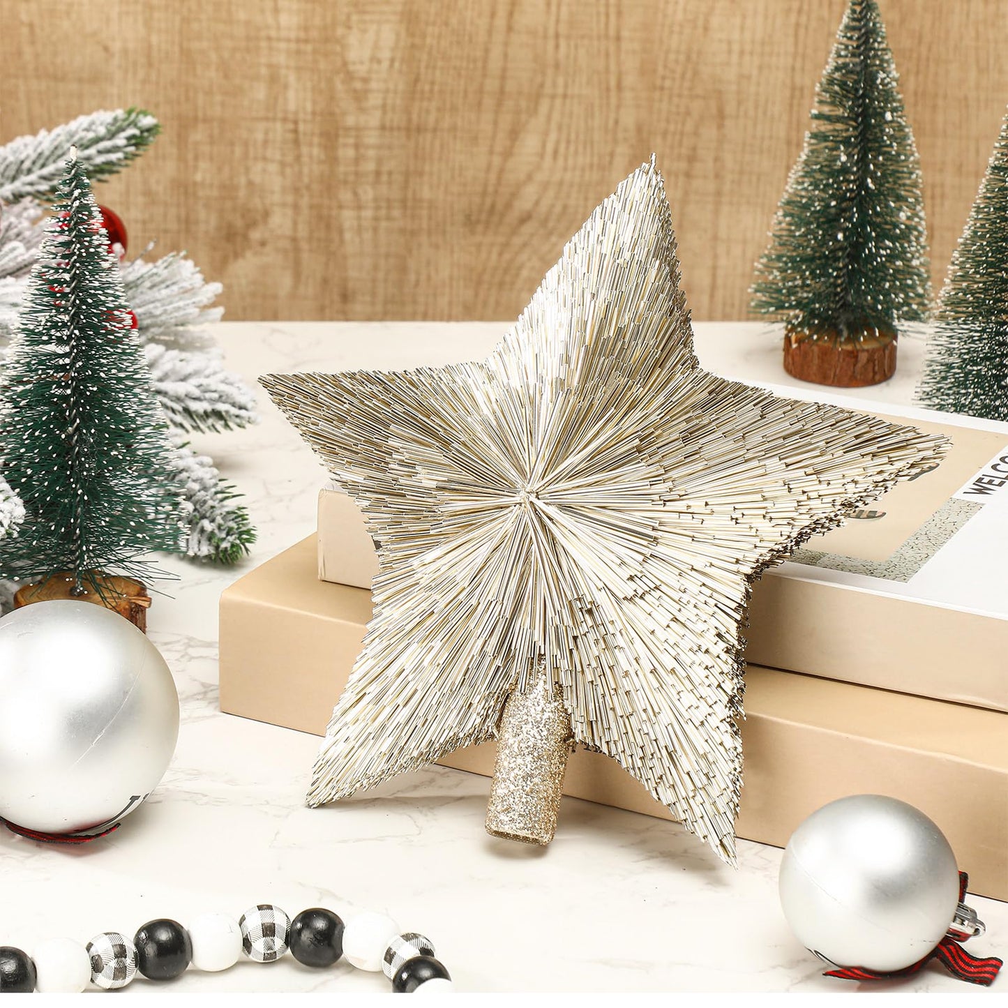 Threehoney 8.3 Inches Christmas Star Tree Topper Glitter Mini Sisal Star for Christmas Small Xmas Tree Top Decoration Ornament for Home Xmas Holiday Gift Decor(Champagne Gold)