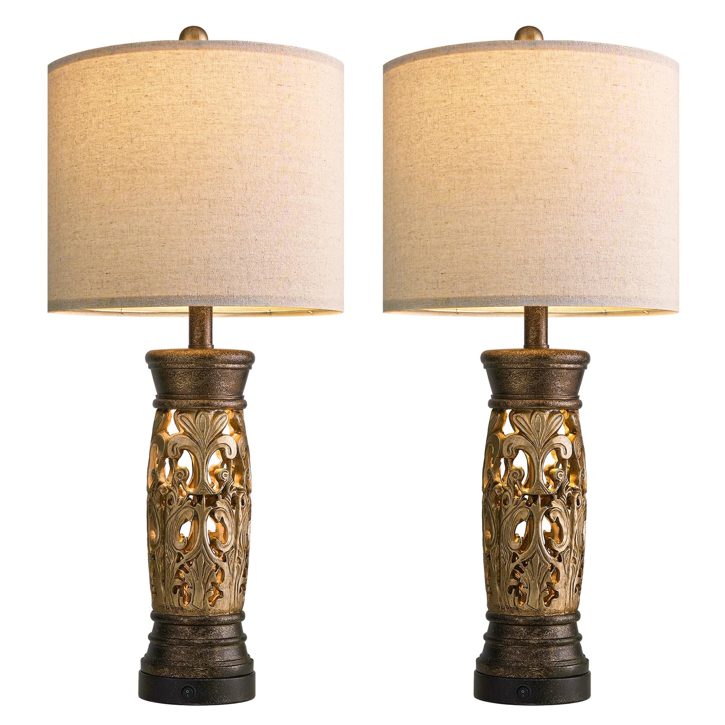 BOBOMOMO 27.25” Antique Gold Table Lamps Set of 2 – Farmhouse Bedside Lamps with Night Light & USB A+C Ports, Vintage Lamps for Bedroom, Living Room, Entryway, Nursery, Reading Nook(Bulbs Included