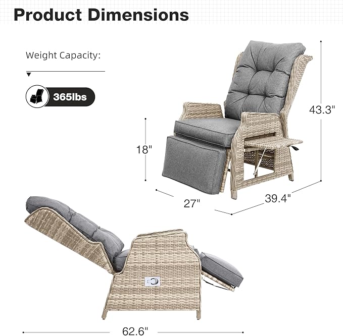 Outdoor Recliner with Adjustable Back and Footrest, Patio 150° Lay Flat Recliner with Flip Table Wicker Reclining Lounge Chair, Grey with Beige Wicker