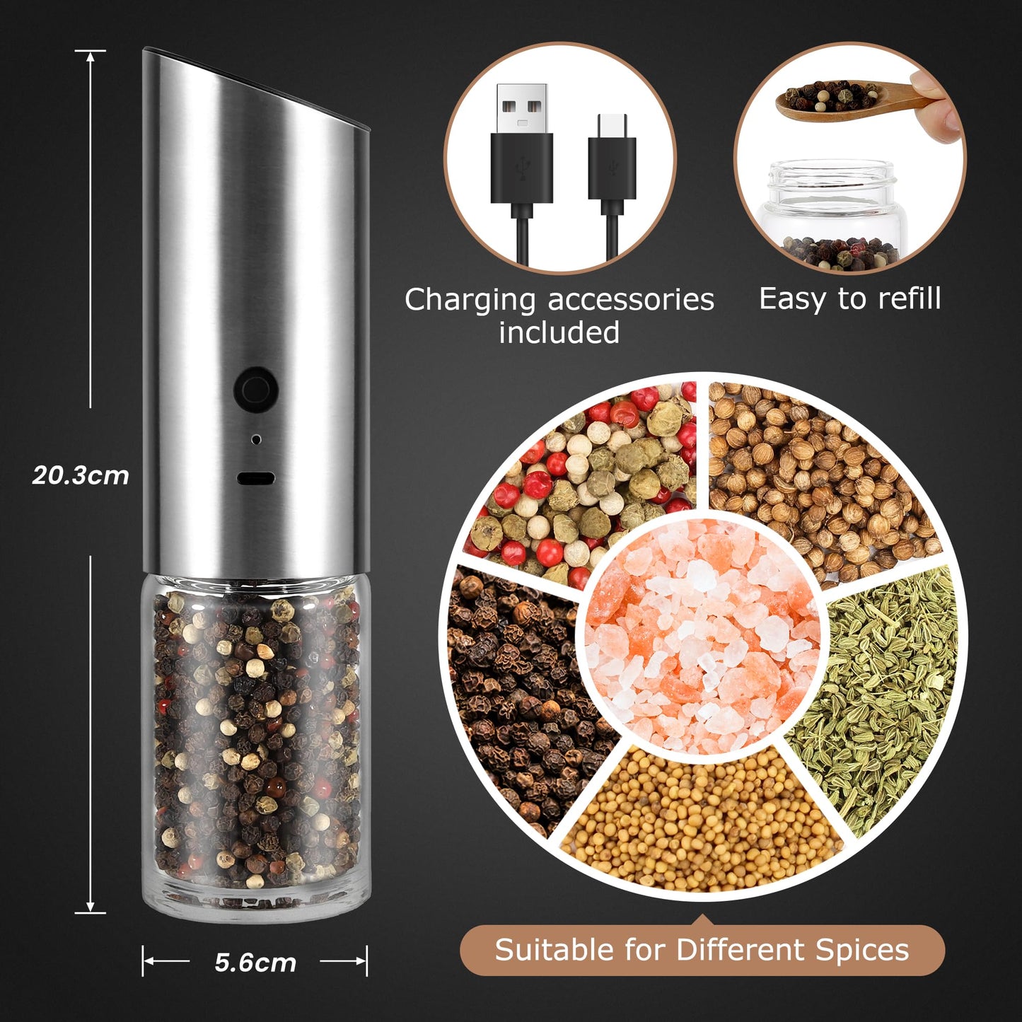 VEVOK CHEF Electric Salt and Pepper Grinder Set Rechargeable with LED Light Type-C Automatic Gravity Stainless Steel Pepper Mill Spice Grinder Adjustable Coarseness