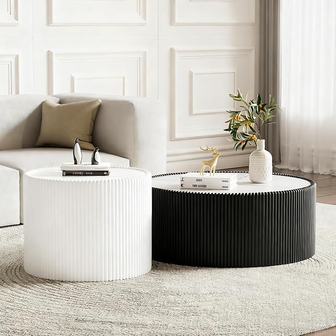 2-Piece Round Nesting Coffee Table Set, 29.52" Marble Coffee Table and End