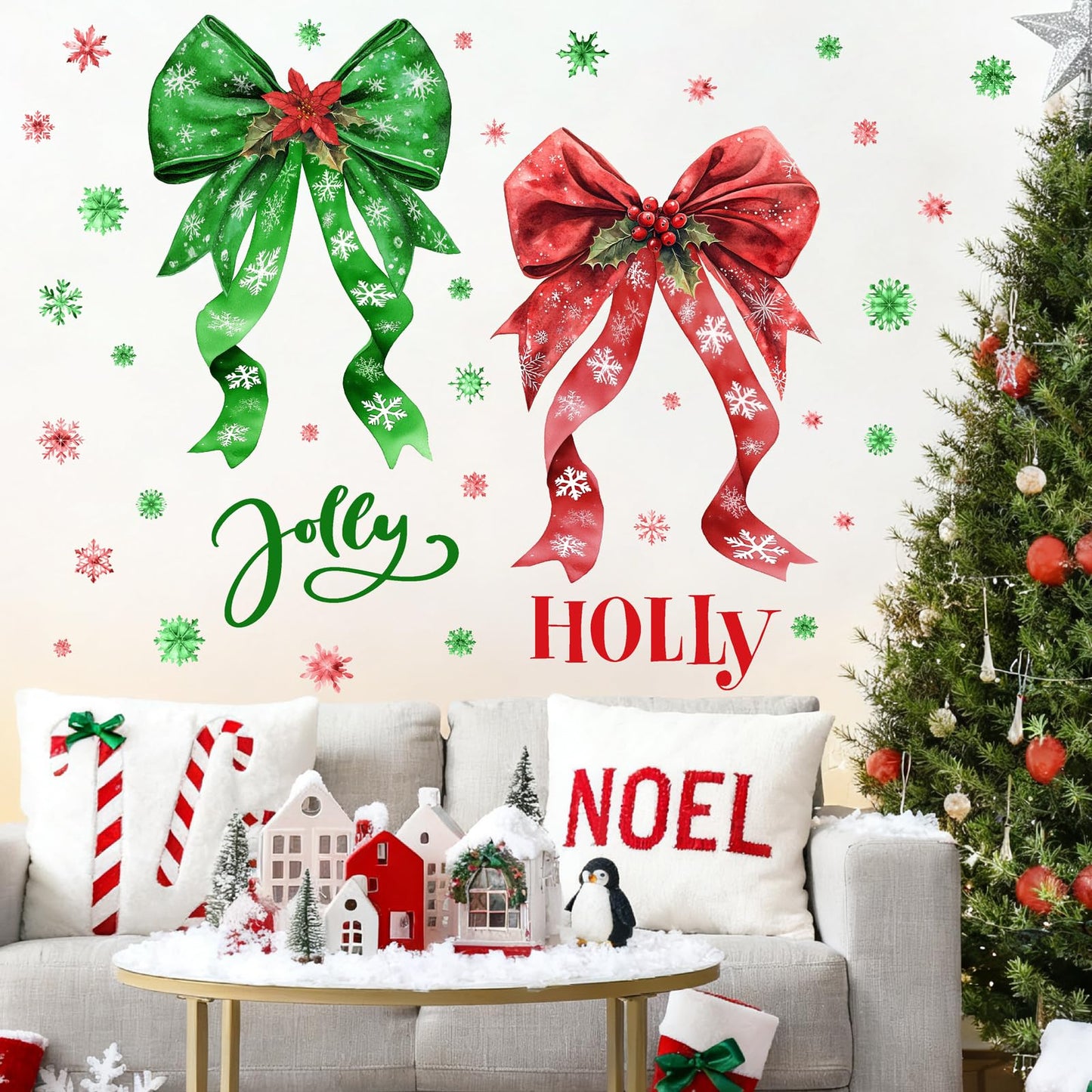 Large Christmas Wall Stickers Green Red Bow Decoration Decals Peel and Stick Xmas Bow Stickers Home Indoor Decor for Living Room O Holy Snowflakes Vinyl Art Murals for New Year Holiday Party Supplies