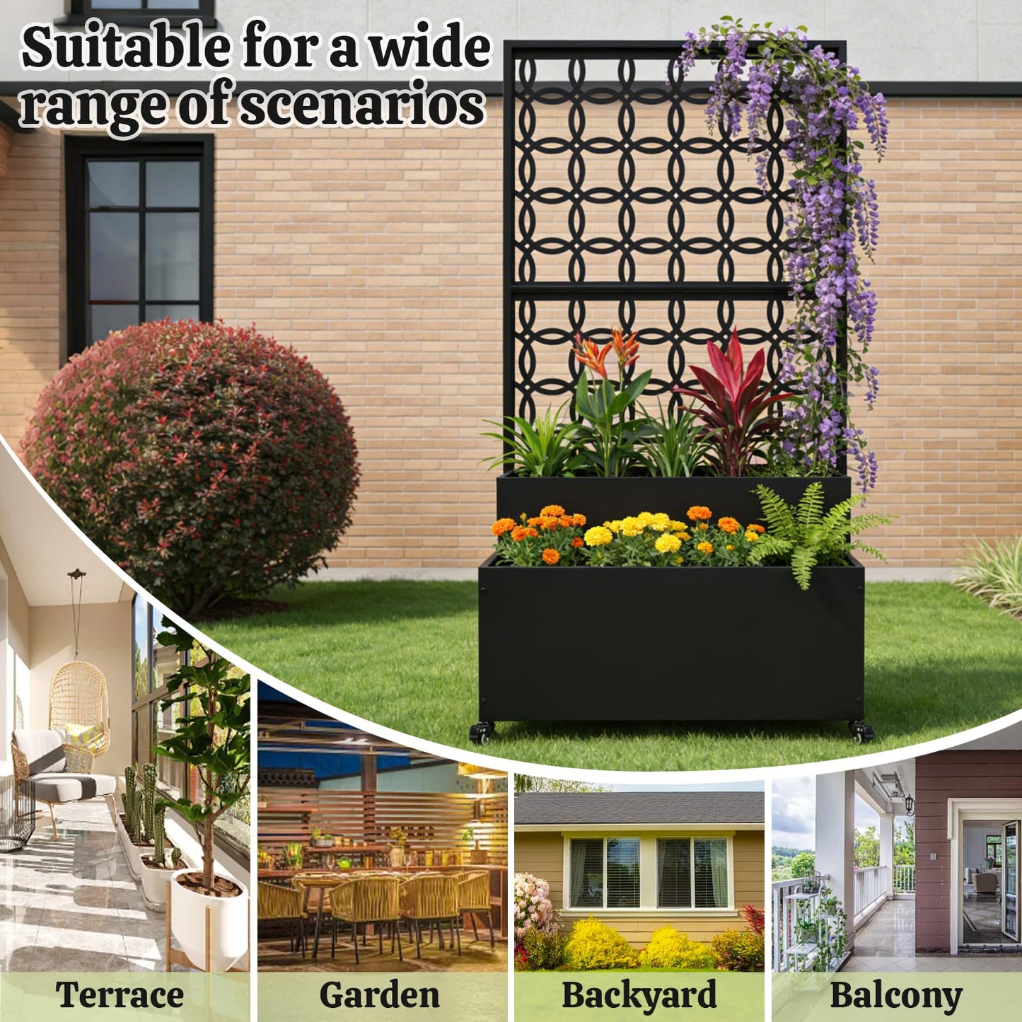 LZALMMS Metal Raised Garden Bed with Trellis and Wheels, 70"x35"x15" Large Planter Box for Climbing Plants & Vegetables, Outdoor Rolling Planter with Drainage Holes and Privacy Screen (Black)
