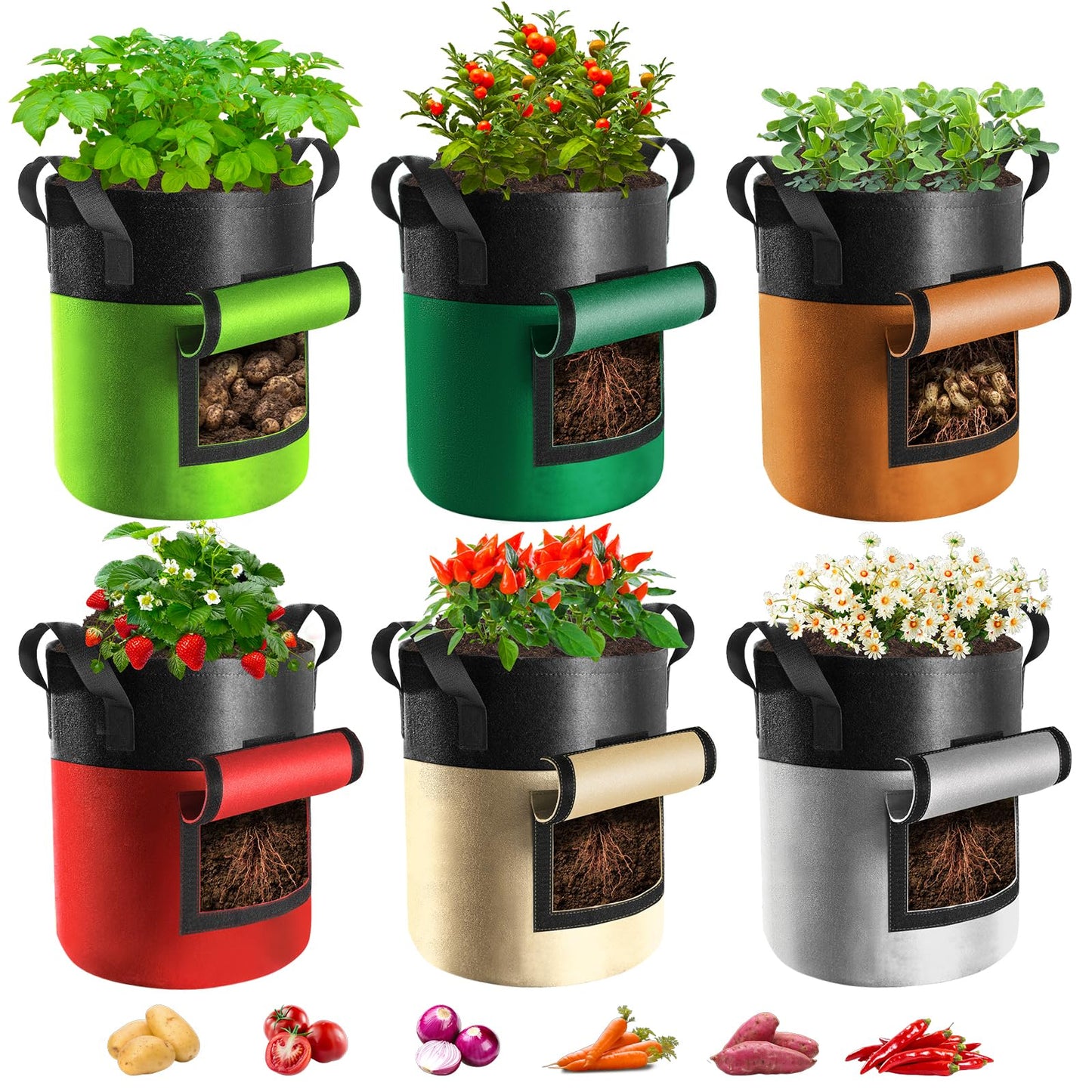 Xpatee 6 Pack Potato Grow Bags with Flap, 10 Gallon Grow Bags for Growing Potatoes, Colorful Durable Fabric Garden Planter Pots with Harvest Window for Tomatoes Vegetables Fruit Flowers Herbs
