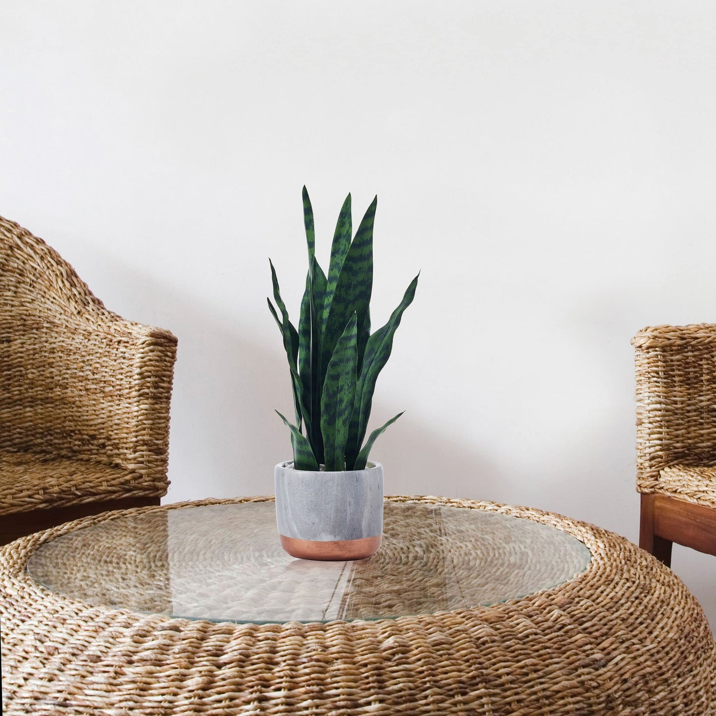 Mikasa Snake Plant in Faux Gray Marble Pot for Bathroom Farmhouse Faux Greenery Tabletop Centerpiece Mantel Office Desk Kitchen Decor, 18 inch