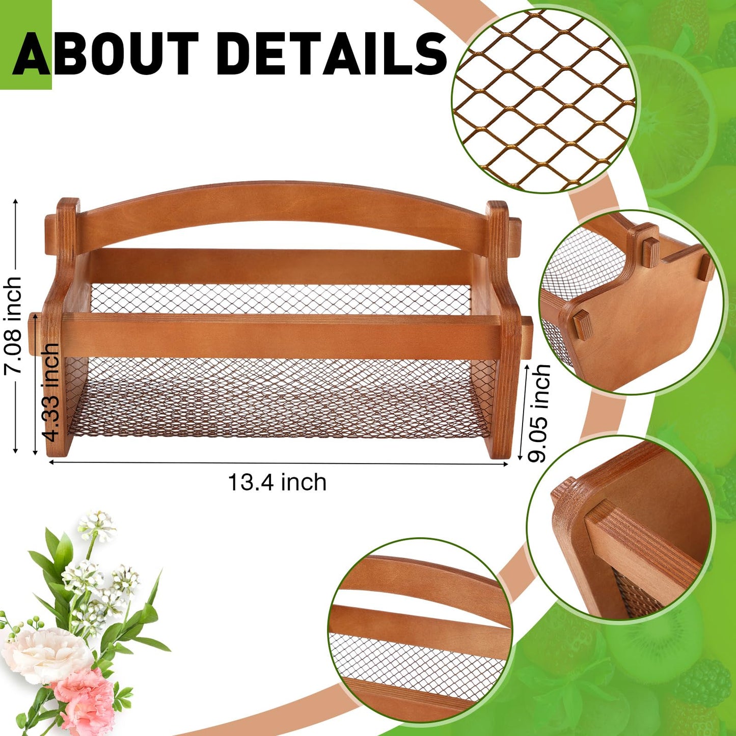 Teenyyou Garden Harvest Basket Mesh Storage with Handle Versatile Gardening Fruits Vegetables Gathering Basket Garden Supply Gardener Gift Spring for Washing Holding(Brown,13.4in)