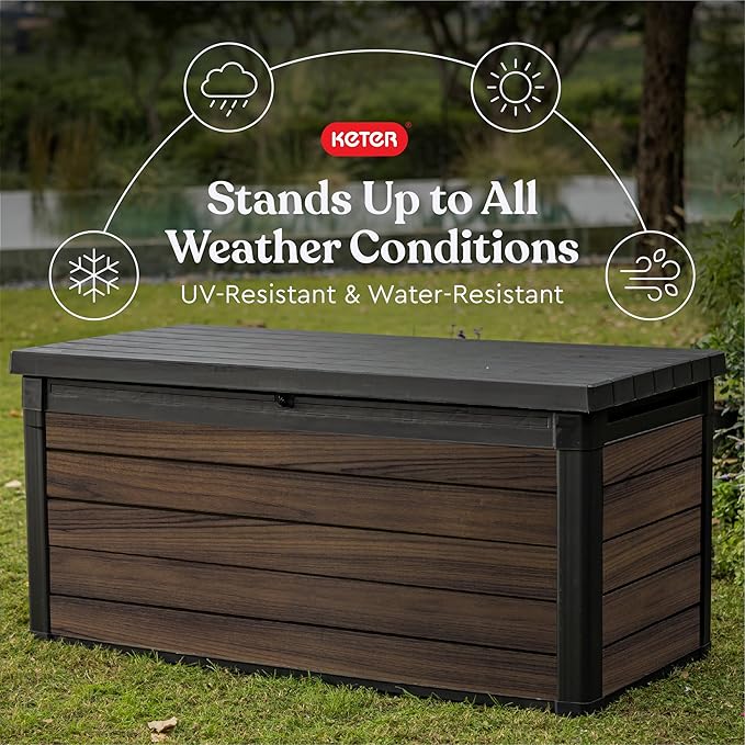 Keter Signature Collection 150 Gallon Resin Deck Box Organization and Storage for Patio Outdoor Cushions, Throw Pillows, Garden Tools and Pool Supplies, Rosewood