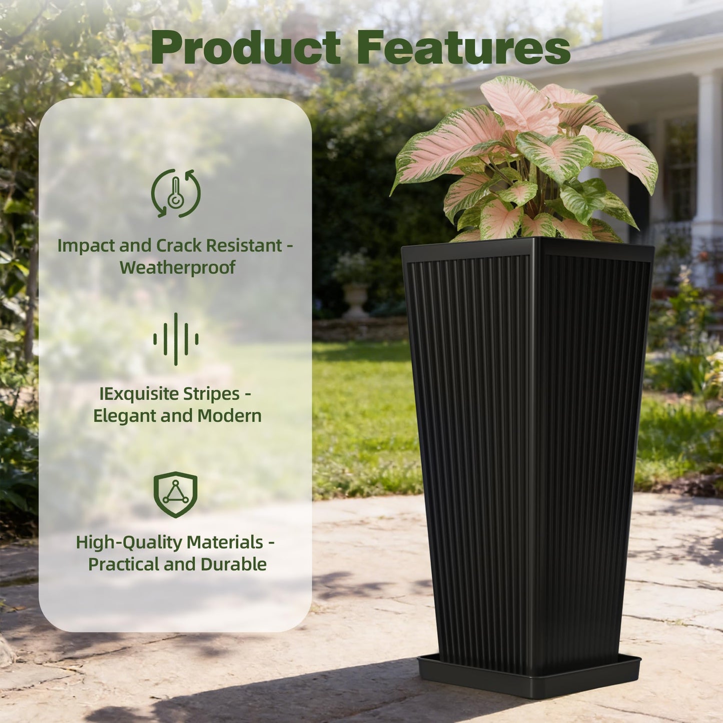 Trygoal Tall Black Planters Outdoor Set of 2-23.6" Modern Tapered Plastic Planters for Outdoor Plants with Drainage Holes/Partition/Tray, Large Indoor Planter for Porch Patio Garden Front Porch
