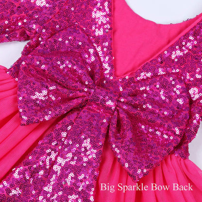 Cilucu Flower Girl Sequin Baby Toddler Long Sleeve Dress Tutu Kids Party Birthday Christmas New Year Dress Hot Pink 2T-3T