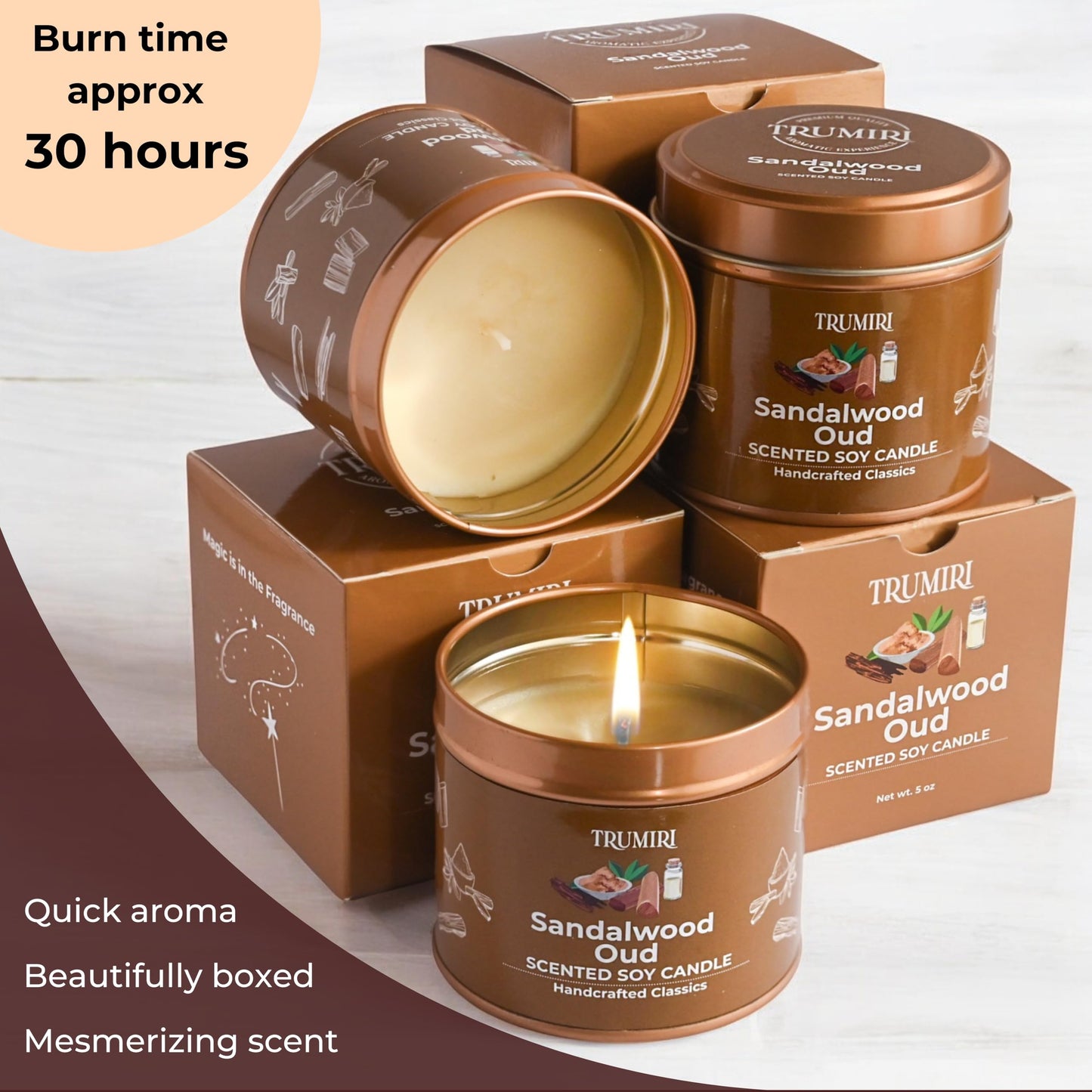 Sandalwood Oud - Scented Candles for Men - Pack of 3 x 5oz Natural Soy Clean Organic Non Toxic - Masculine Scent Gifts - Candel for Home Bedroom Bathroom Apartment Room Décor - New House Essentials
