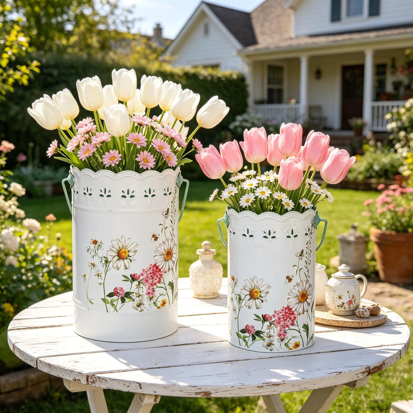 Zorvynelle Set of 2 Rustic White Metal Flower Pots, Decorative Floral Buckets Farmhouse Iron Vases Planters for Dried Flowers, Faux Plants, Home Garden Decor