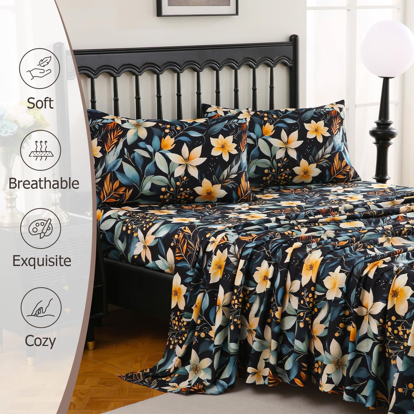 CozySmile 4 Pieces King Sheet Set Floral, Boho Sheets Soft Microfiber Deep Pocket, Floral Sheets (King, Tranquil Night Lily)