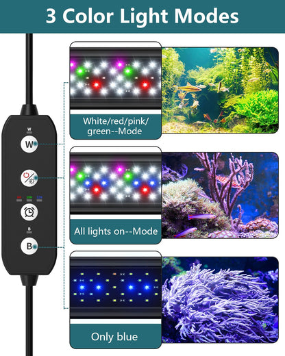 SEAOURA Led Aquarium Light for Plants-Full Spectrum Fish Tank Light with Timer Auto On/Off, Adjustable Brightness, White Blue Red Green Pink LEDs with Extendable Brackets for Freshwater (30-45cm)