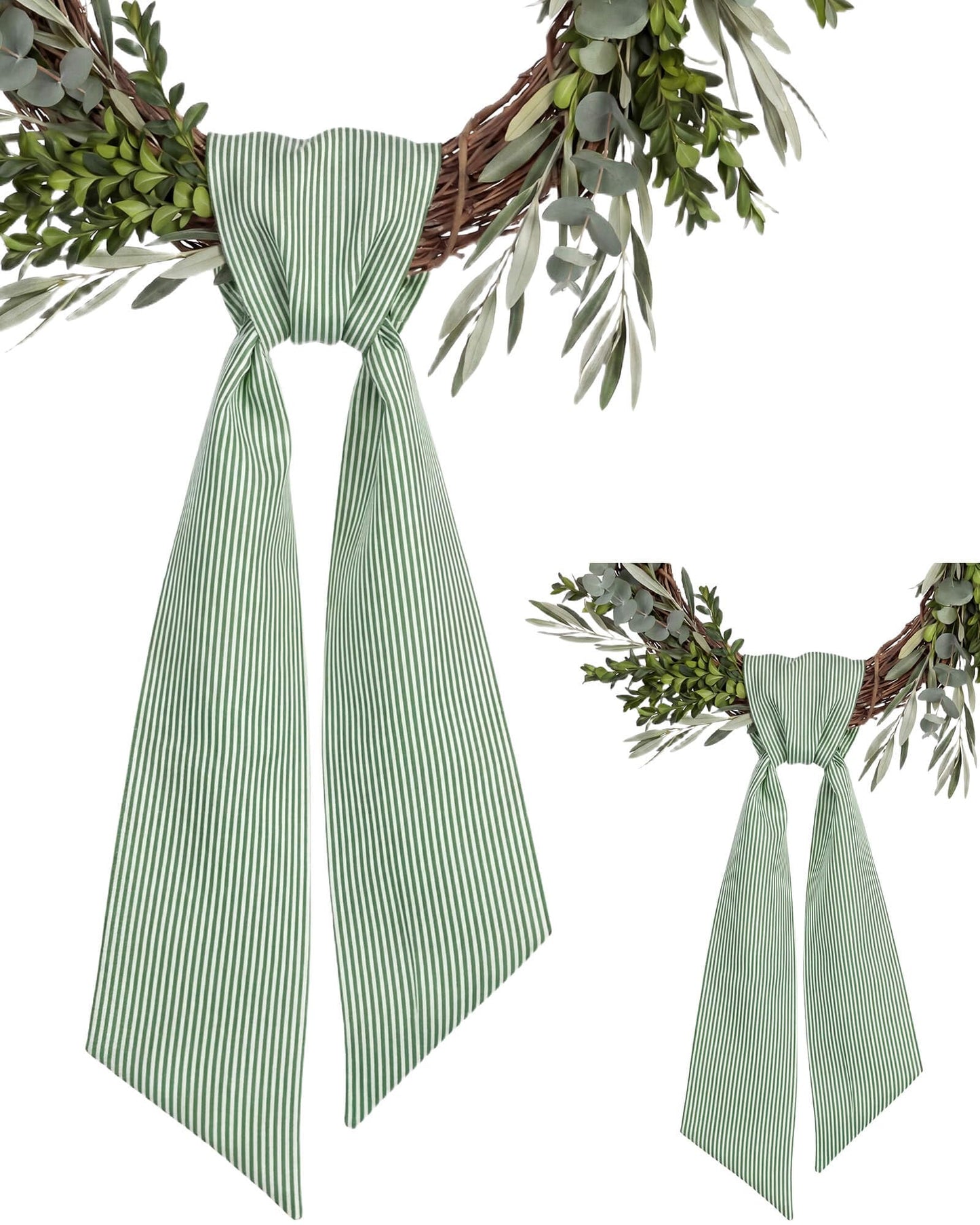 Kutyndrix Green and White Striped Wreath Sash 2 Pack for Front Door, 5.12" x 54.33" Each Spring St Patricks Easter Door Ribbon Decorations Set