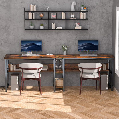 Ytaoka 78.74" Two Person Desk with 2 Power Strips, Double Desk with Shelves, Long Computer Desk for Two People, Wood Writing Desk Workstation for Home Office, 23.62"D x 78.74"W x 29.52"H, Rustic Brown