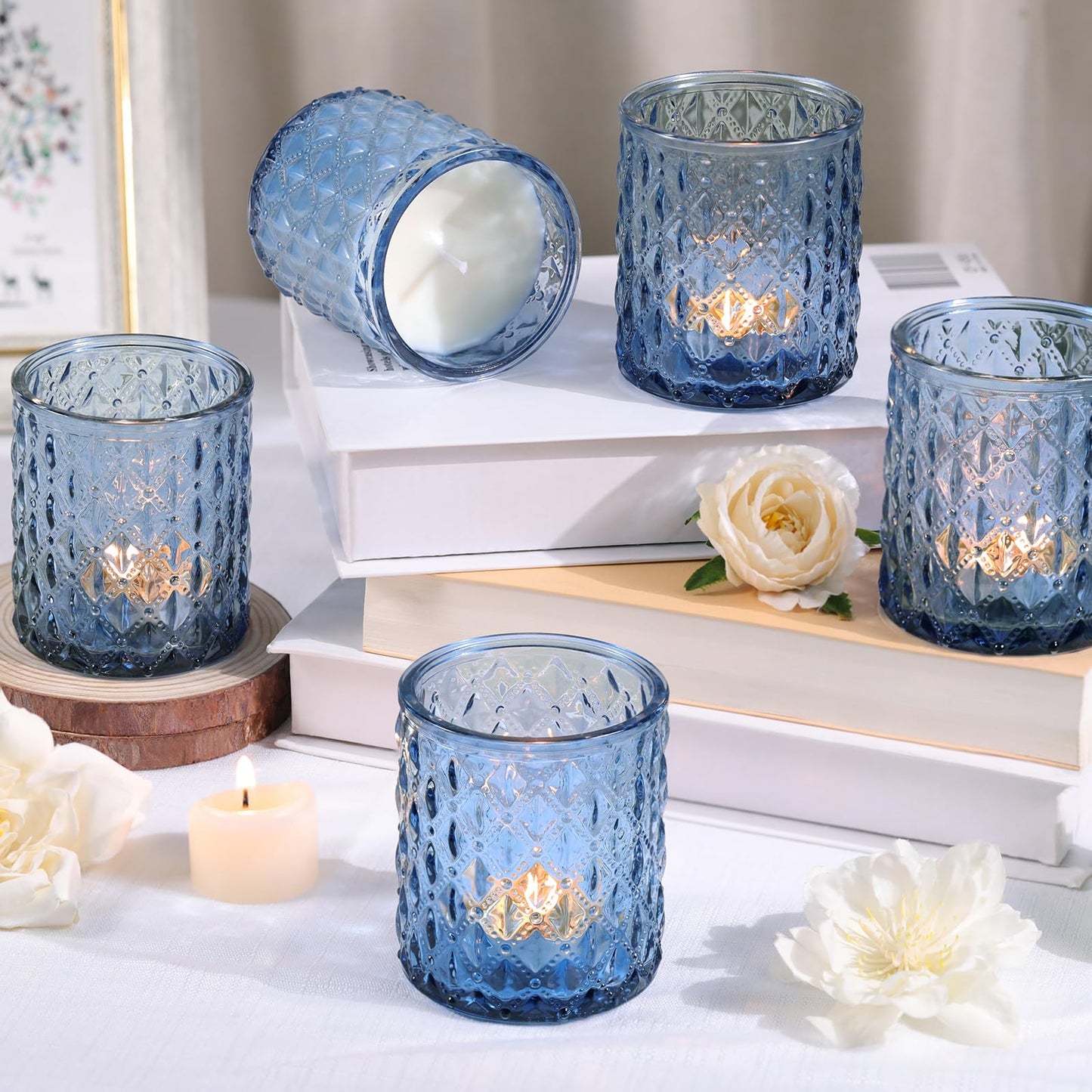 8 Pcs Large Votive Candle Holders Blue Tea Light Candle Holders Glass Candle Holder for Wedding, Bridal Shower, Table Centerpiece, Party, Home Decor