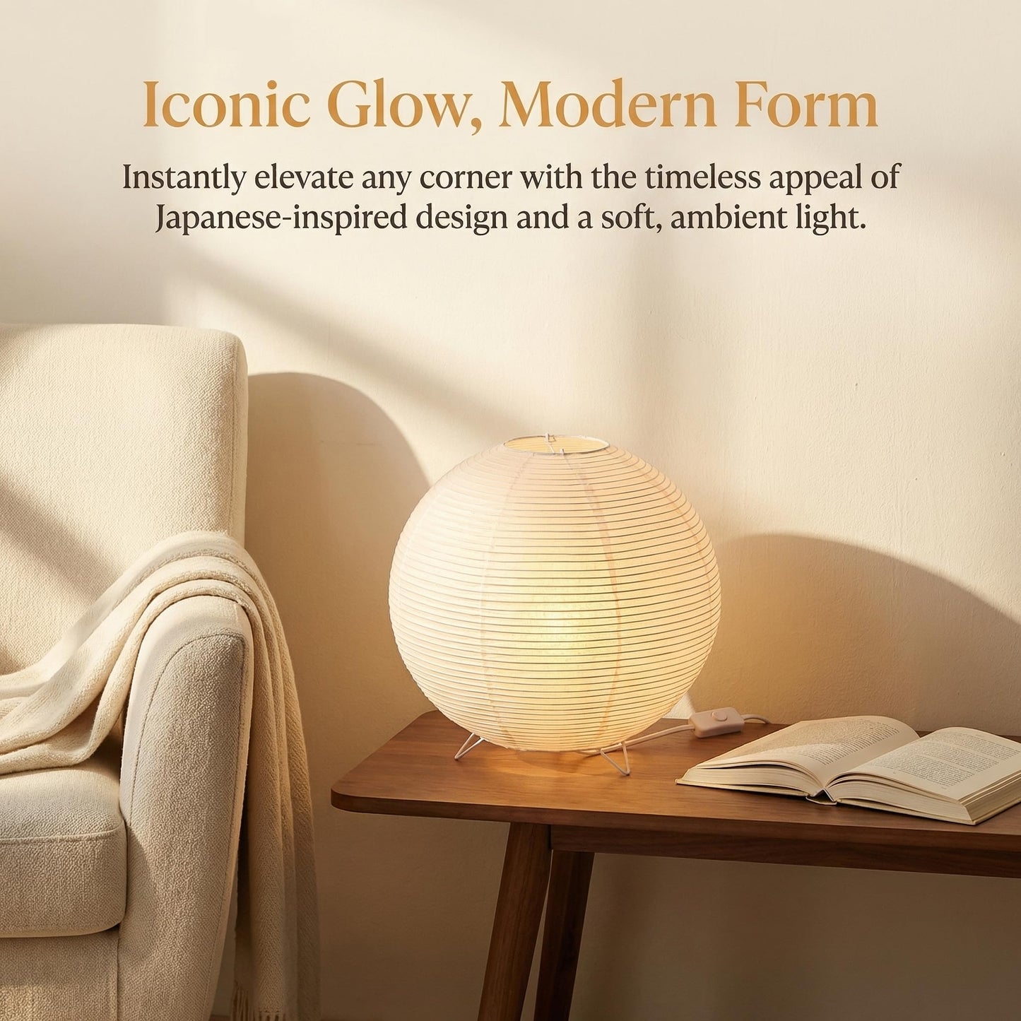 Totority Modern Paper Table Lamp, Japanese Lantern Style Bedside Night Light for Bedroom & Living Room, Minimalist Rice Paper Desk Lamp with Warm White E14 Bulb, Decorative Zen Home Lighting,US Plug