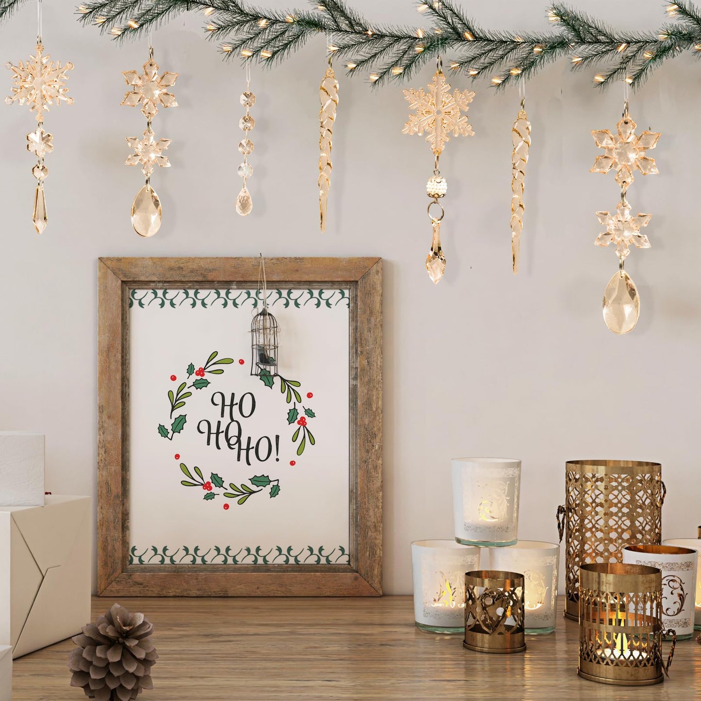 18pcs Crystal Christmas Ornaments for Christmas Tree Decorations-Champagne Hanging Acrylic Snowflake and Icicle Ornaments with Drop Pendants for New Year Party Decorations Supplies