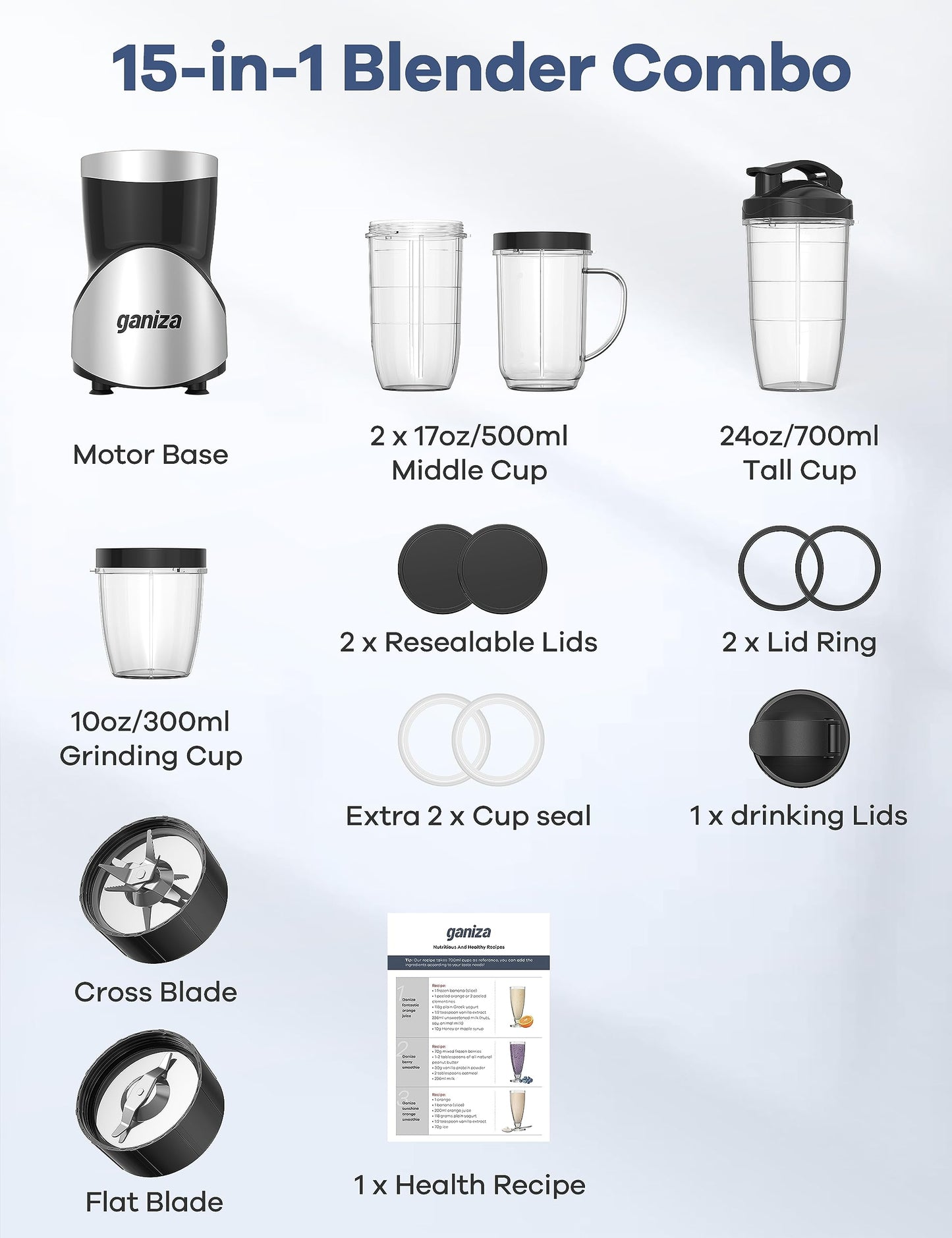 Ganiza Smoothie Blender, 900W Blenders for Shakes and Smoothies, 15-Piece Personal Blender and Grinder Combo for Kitchen, Smoothies Maker with 4 BPA-Free Portable Cup, Nutritious Recipe