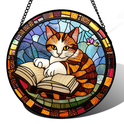 DASTOLL Stained Glass Window Hanging Little Cat Reading 7.8" - Suncatcher Door Garden Kitchen Sunroom Sun Catcher Home Decor Birthday for Lost Pets Mom Grandma Men Woman Friend